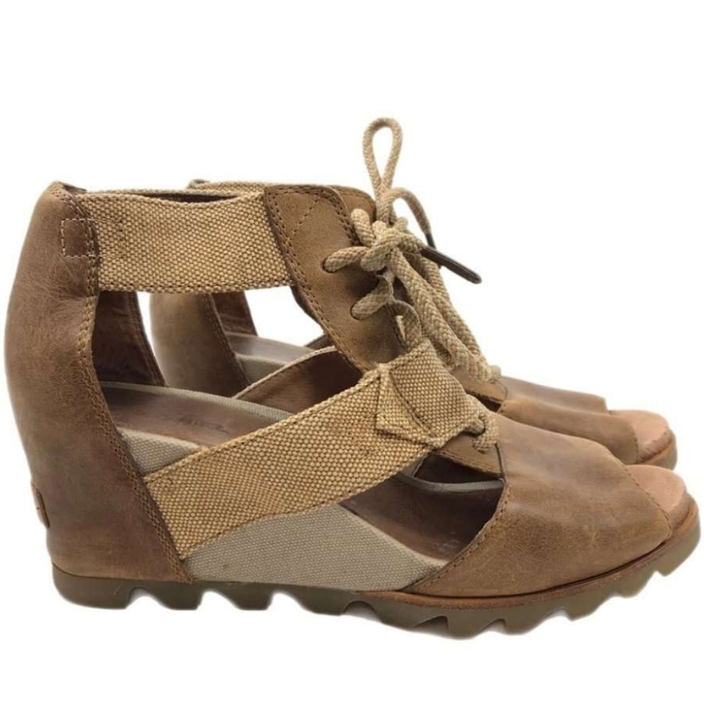 SOREL Tan Leather Lace Up WEdge Heel Sandals
